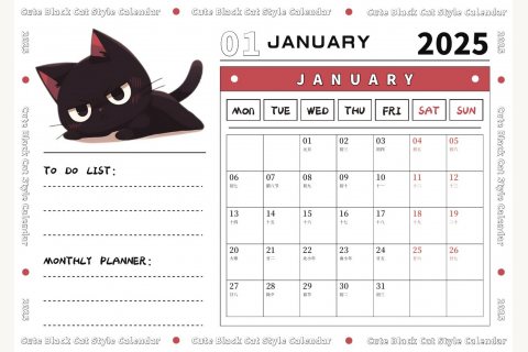 2025年一月彩印黑猫横版月历与清单页面