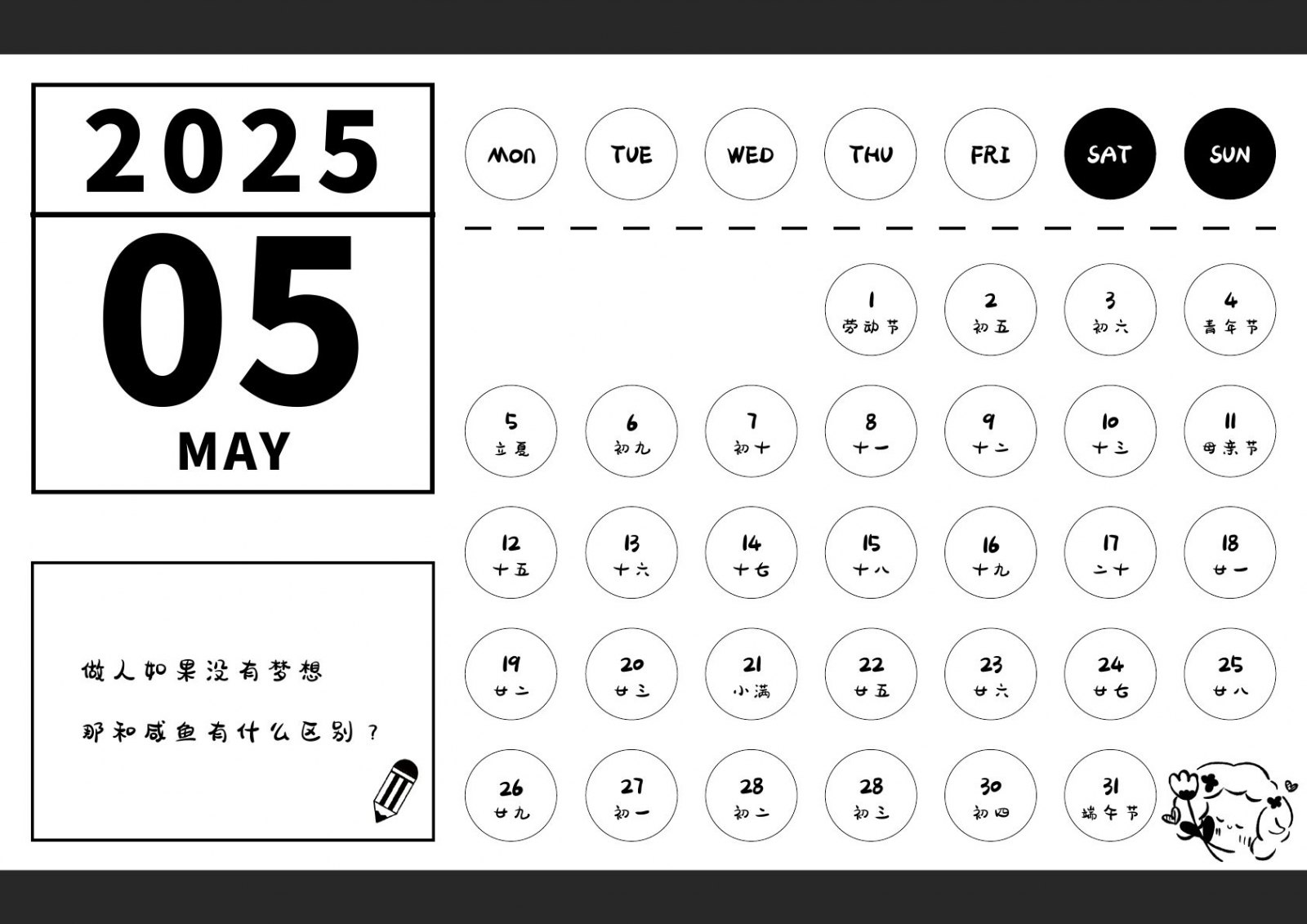 2025年5月圆点日期月历与备注区域