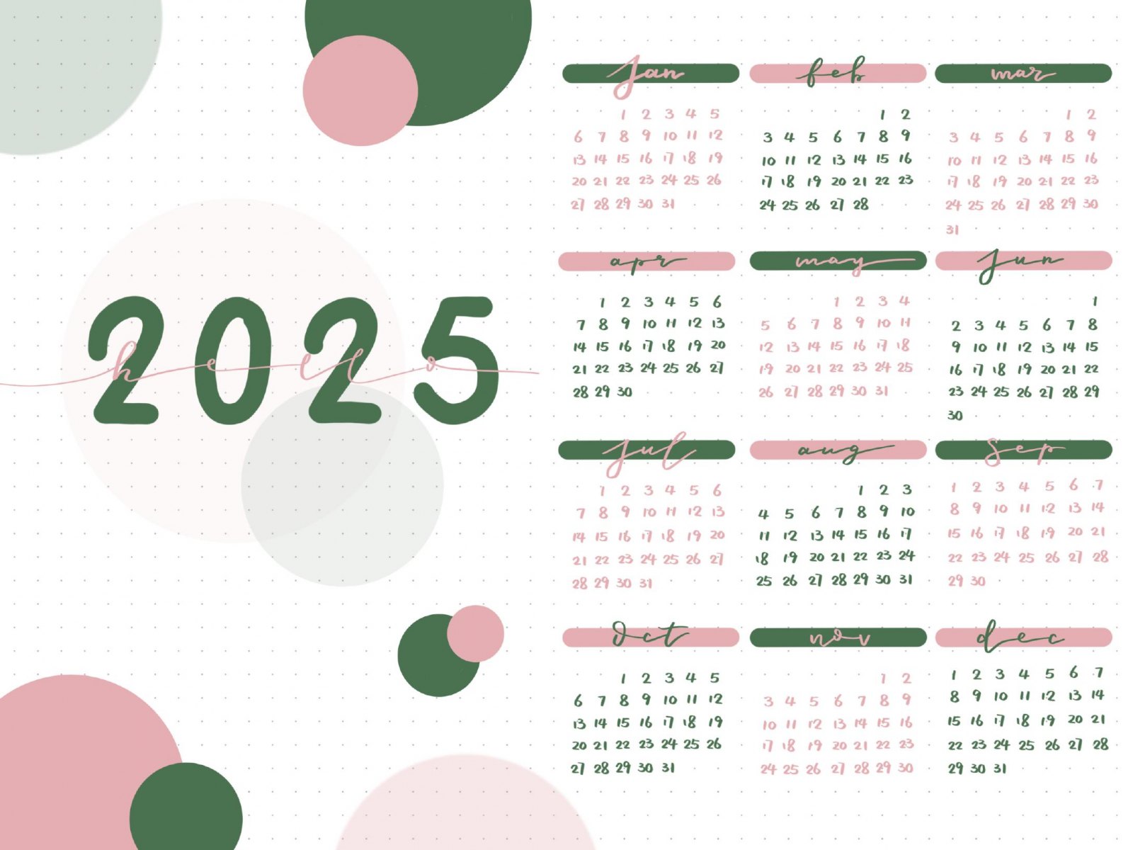 2025 年全年月份日历总览页面