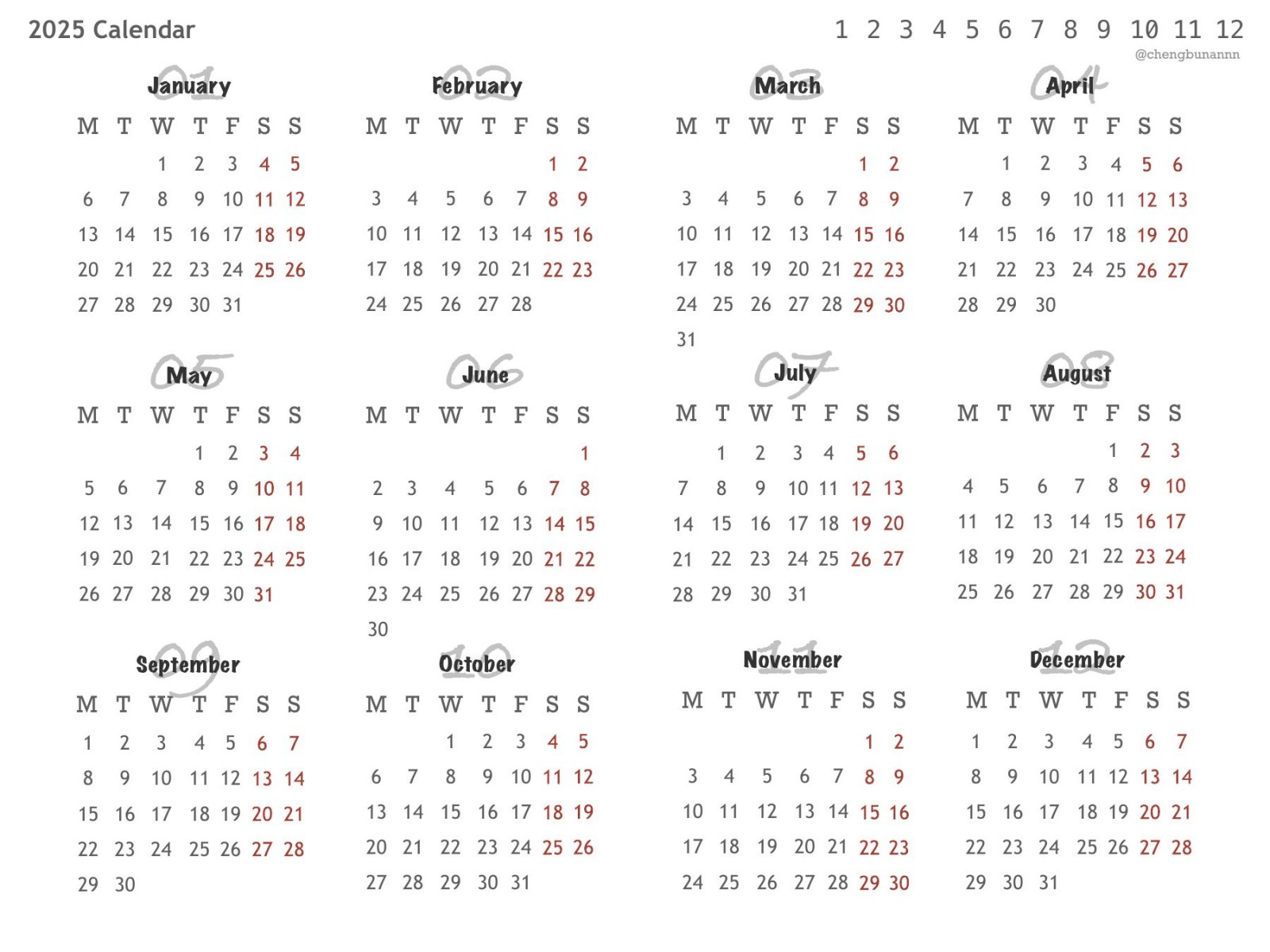 2025年十二个月全年日历页面