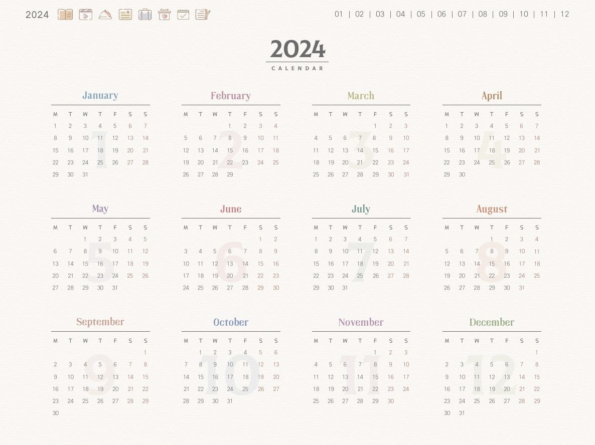 2024年十二个月全年日历总览