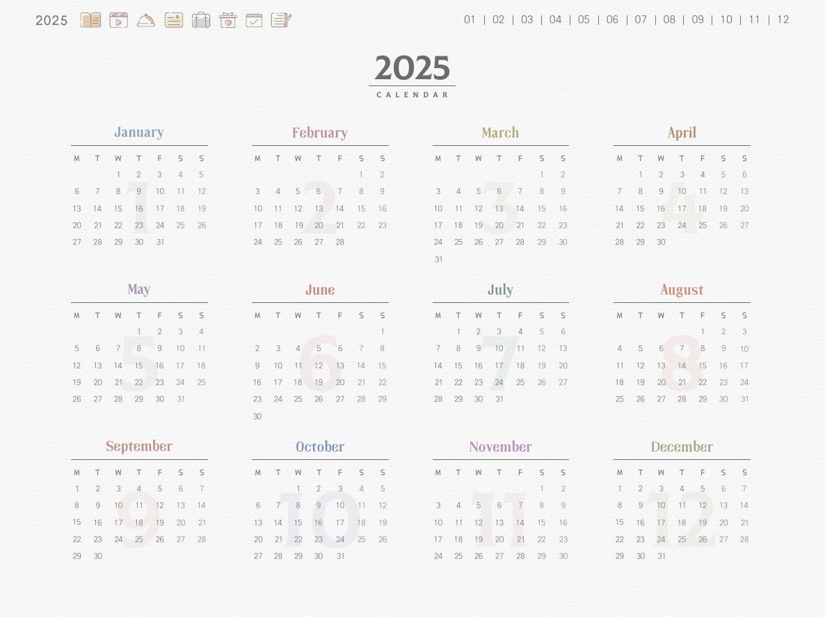 2025年十二个月全年日历总览