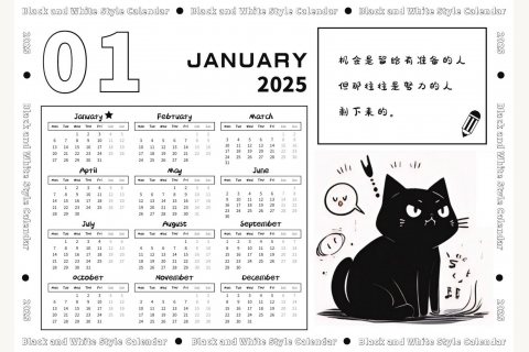 2025黑白猫咪日历一月主题页